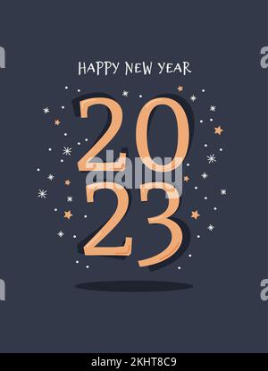Bonne année, modèle de carte de fête 2023 avec chiffres, sparkles et étoiles. Illustration vectorielle de style plat Illustration de Vecteur
