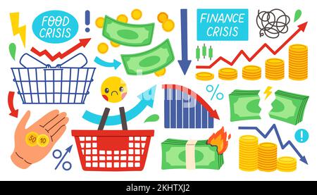 Ensemble vectoriel d'icônes, crise alimentaire et crise financière. Pénuries alimentaires mondiales et hausse des prix. Ensemble de vecteurs de gonflage Illustration de Vecteur