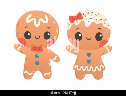 Biscuit homme et femme de pain d'épice des fêtes. Cookie en forme d'homme et de femme avec glaçage coloré. Vecteur de style plat Illustration de Vecteur