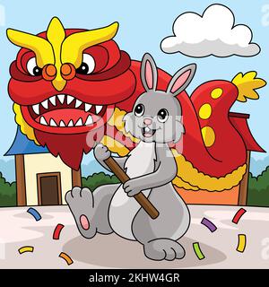 Dessin animé de couleur lapin Dragon Dancing Illustration de Vecteur