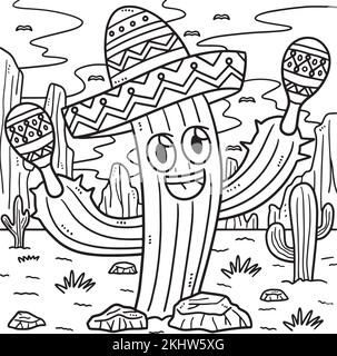 Cinco de Mayo Cactus avec Sombrero coloriage page Illustration de Vecteur