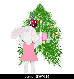 Lapin fille dans une robe rose et un noeud avec un ballon sur un fond blanc. Symbole de 2023. Illustration vectorielle. Illustration de Vecteur