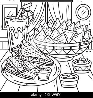 Page de coloriage de Cinco de Mayo Quesadilla Nachos Illustration de Vecteur