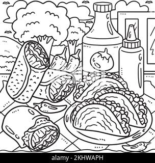 Page de coloriage Cinco de Mayo Tacos et Burrito Illustration de Vecteur