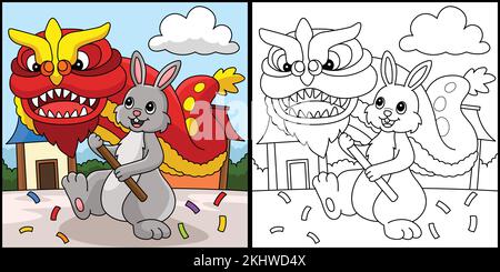 Illustration de la page de coloriage de la danse du dragon de lapin Illustration de Vecteur