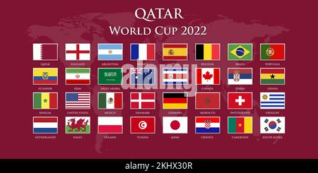 Championnat de football du Qatar. Coupe du monde. Illustration des drapeaux des pays qualifiés Banque D'Images