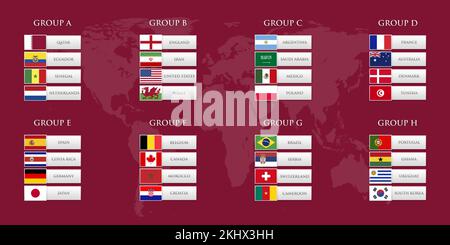 Groupes de la coupe du monde de football du Qatar. Illustration des drapeaux des pays qualifiés Banque D'Images