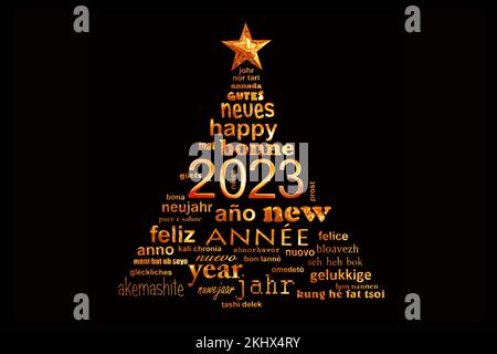 carte de vœux 2023 new year multilingue word cloud en forme d'arbre de noël Banque D'Images