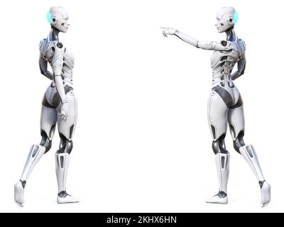 3D rendu de deux robot femme android posant avec leur dos contre la caméra et face l'une à l'autre. Arrière-plan blanc. Banque D'Images