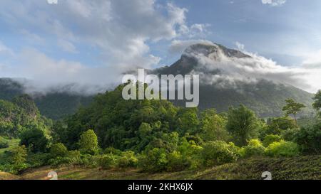 Paysage rural pittoresque de début de matinée avec montagne dans les nuages près de Chiang Dao, Chiang Mai, Thaïlande Banque D'Images