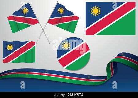 Ensemble vectoriel de différents dessins du drapeau national namibien en forme d'icônes, de drapeaux et d'un ruban sur fond blanc Illustration de Vecteur