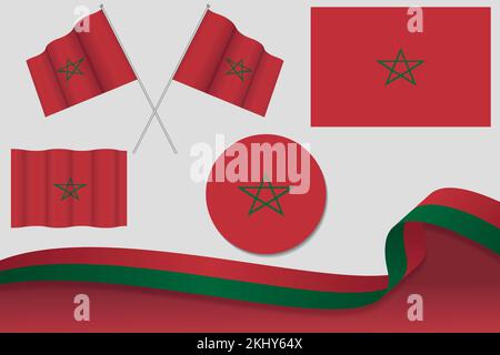 Ensemble vectoriel de différents dessins du drapeau national marocain en forme d'icônes, de drapeaux et de ruban sur fond blanc Illustration de Vecteur