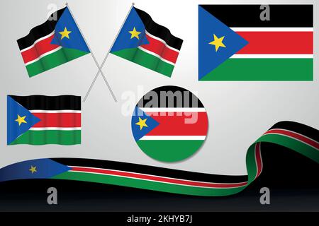 Illustration vectorielle d'un ensemble de drapeaux du Soudan du Sud de différentes conceptions sur fond gris Illustration de Vecteur