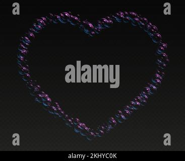 Mousse de savon réaliste en forme de coeur, bulles de shampooing irisées, cadre moulant rose pour le bain. Illustration de Vecteur