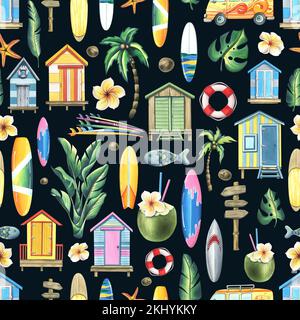 Maisons de plage, planches de surf, palmiers, fleurs, noix de coco. Illustration aquarelle. Motif sans couture sur fond sombre de la collection SURF Banque D'Images