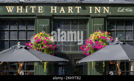 Des paniers de fleurs colorés sont suspendus à l'extérieur du White Hart Inn datant du 16th siècle, dans le Grassmarket historique d'Édimbourg. Banque D'Images