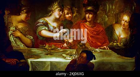 Banquet de Cléopâtre et de Mark Antony Pietro Dandini (12 avril 1646 – 26 novembre 1712) était un peintre italien de la période baroque, actif principalement à Florence ( Antony aime Cléopâtre, mais épouse la sœur de César pour qu'ils puissent être amis, mais part et va de nouveau à Cléopâtre. César devient fou et tout le monde meurt.) Banque D'Images