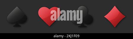 Définir le symbole de jeu de collection de jeux de cartes de jeu et de jetons pour le poker et le casino. Coeurs, clubs, diamants et bêches sur un fond isolé Illustration de Vecteur