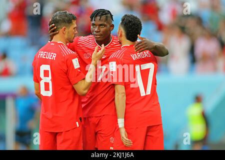 Al Wakrah, Qatar. 23rd novembre 2022. Breel Embolo da Suíça lors du match de la coupe du monde du Qatar 2022, groupe G, date 1, entre la Suisse et le Cameroun joué au stade Al Janoub le 24 novembre 2022 à Al-Wakrah, Qatar. (Photo de PRESSINPHOTO/Sipa USA) crédit: SIPA USA/Alay Live News Banque D'Images