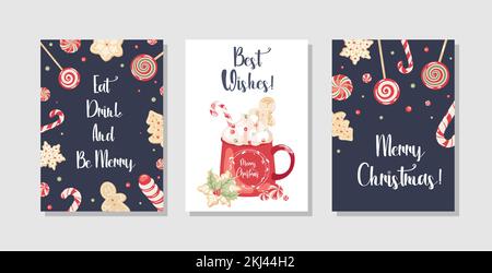 Ensemble de cartes de vœux de Noël avec éléments décoratifs dessinés à la main. Style vintage tendance. Illustration de Vecteur