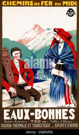 Chemins de fer du midi. Eaux bonnes. Vallée d'Osseau. Station thermale & touristique par M. Colas. Affiche publiée en 1930 en France. Banque D'Images