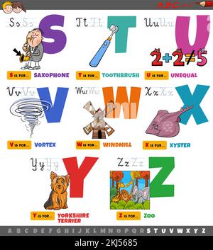 Dessin animé illustration de lettres majuscules alphabet ensemble éducatif pour la lecture Et pratique de l'écriture pour les enfants d'âge élémentaire de S à Z Illustration de Vecteur