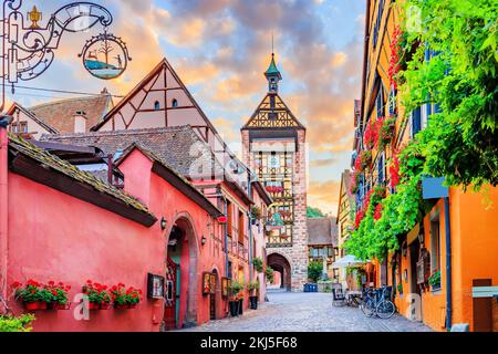 Riquewihr, Alsace. France. Rue pittoresque avec maisons traditionnelles à colombages. Banque D'Images