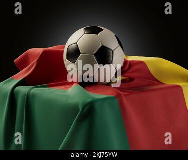 Des ballons de football réguliers reposant sur un drapeau du Cameroun drapé sur une plinthe sur un arrière-plan de studio isolé - rendu 3D Banque D'Images