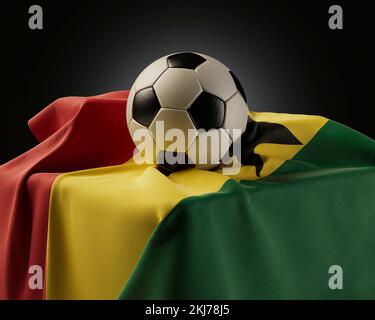 Une balle de football régulière reposant sur un drapeau du Ghana drapé sur une plinthe sur un arrière-plan isolé de studio - rendu 3D Banque D'Images