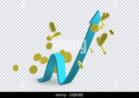 Flèche courbée et pièces volantes sur transparent. Icône de croissance flèche vers le haut du brut flexible bleu. Investissement et croissance financière. Informations sur les actions im Illustration de Vecteur