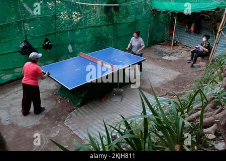 Femmes chinoises d'âge moyen jouant au tennis de table en plein air, sur une colline boisée, Bishops Hill, Sam Shui po, Kowloon, Hong Kong Banque D'Images