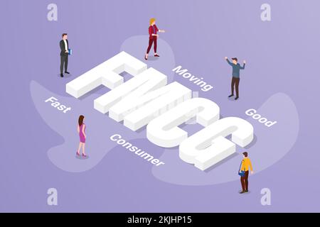 fmcg rapide consommateur de mouvement bon grand texte mot et les gens autour avec l'illustration moderne de style isométrique vecteur Banque D'Images