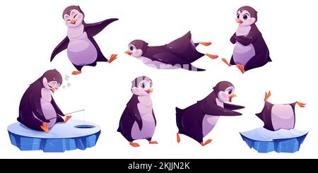Ensemble isolé de personnages de dessin animé à motif pingouin mignon. La vie animale kawaii sur le pôle nord. Drôle d'oiseau arctique glissant sur l'estomac, la pêche sur la banquise, assis avec le visage bouleversé, la danse ou le plaisir, illustration vectorielle Illustration de Vecteur