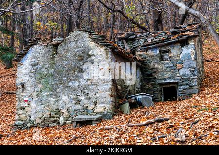 Maison en pierre de style rustique en ruines, automne, Cannobio, Lac majeur, Verbano-Cusio-Ossola, Piémont, Italie, Europe Banque D'Images