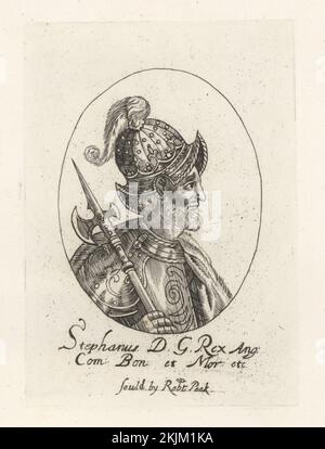 Stephen, roi d'Angleterre, v.1092-1154. Stephen de Blois, comte de Boulogne et duc de Normandie. Dans un casque en plumed, costume d'armure de plaque, cape de fourrure, tenant une hache de bataille. Roi Stephen d'Angleterre. De l'ensemble des rois de William Faithorne. Stephanus DG Rex Ang COM bon et Mor etc Gravure sur plaque de coperplate de la galerie des portraits rares de Samuel Woodburn, composée de plaques originales, George Jones, 102 St Martin's Lane, Londres, 1816. Banque D'Images