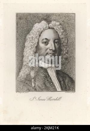 Sir James Thornhill, peintre anglais, 1675-1734. Artiste de sujets historiques travaillant dans la tradition baroque italienne. Perruque, cravatte et pelage. Imprimé original gravé par Samuel Ireland d'après William Hogarth. Gravure sur plaque de coperplate de la galerie des portraits rares de Samuel Woodburn, composée de plaques originales, George Jones, 102 St Martin's Lane, Londres, 1816. Banque D'Images