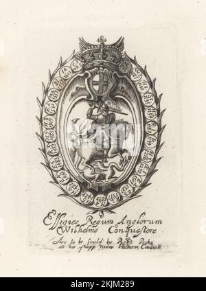 Guillaume le Conquérant comme Saint George en faisant un dragon. Cadre ovale avec couronne et armoiries et dates des rois d'Angleterre. William I, premier roi normand d'Angleterre, vers 1028-1087. Wilhelmo Conquestore, effigies Regum Anglorum. De l'ensemble des rois de William Faithorne, vendu par Robert Peake. Gravure sur plaque de coperplate de la galerie des portraits rares de Samuel Woodburn, composée de plaques originales, George Jones, 102 St Martin's Lane, Londres, 1816. Banque D'Images