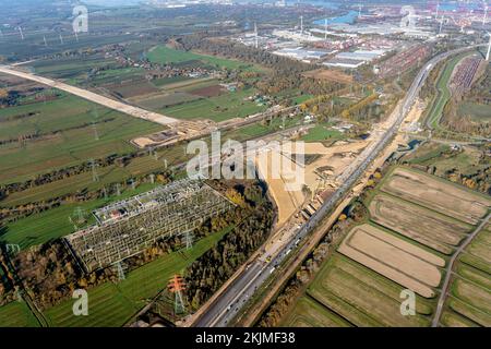 Vue aérienne du site de construction de l'autoroute A26, A7, AK, BAB, sortie d'autoroute Süderelbe, harbour passage, port, CTA, Container terminal Altenwe Banque D'Images