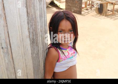 Autochtones, petite fille du peuple indigène Huni Kuin porte la peinture traditionnelle du visage dans son village dans la forêt amazonienne, Acre, Brazi Banque D'Images