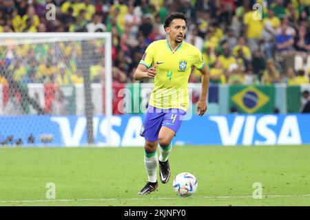 Doha, Qatar. 24th novembre 2022. Marquinhos du Brésil lors de la coupe du monde de la FIFA 2022, match de football du Groupe G entre le Brésil et la Serbie sur 24 novembre 2022 au stade Lusail à Al Daayen, Qatar - photo: Jean Catuffe/DPPI/LiveMedia crédit: Agence photo indépendante/Alamy Live News Banque D'Images