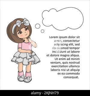 UNE FILLE PENSE à ce qu'elle attend à l'avenir avec des cheveux courts et un noeud sur la tête dessin animé clip Art avec le supposé texte dessin animé Illustration vectorielle ensemble pour l'impression Illustration de Vecteur