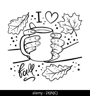 FILLE TENANT UNE TASSE DE CAFÉ dans ses mains automne jardin nature dessin à la main dessin de dessin animé Monochrome clip Art Vector Illustration Set pour l'impression Illustration de Vecteur