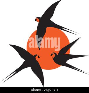 Silhouettes de grange à hirondelles au coucher du soleil, vecteur. Illustration d'oiseaux hirondelles volants au coucher du soleil isolé sur fond blanc. Trois oiseaux avalent. Concept de Illustration de Vecteur