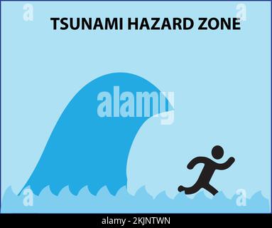 Panneau de zone dangereuse tsunami avec grande vague et une personne qui court Illustration de Vecteur