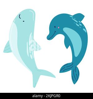 Ensemble de mammifères marins baleines bleues, requins, cachalots, dauphins, bélugas, rorquals communs. Graphiques vectoriels de dessin animé. Illustration de Vecteur