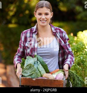 Cultivé avec amour. Portrait d'une jeune femme heureuse tenant une caisse pleine de légumes fraîchement cueillis. Banque D'Images