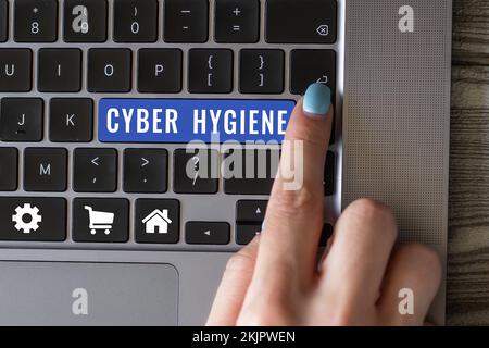 Affiche indiquant l'hygiène cybernétique. Les étapes du concept d'entreprise que les utilisateurs d'ordinateurs prennent pour améliorer leur cyber-sécurité Banque D'Images