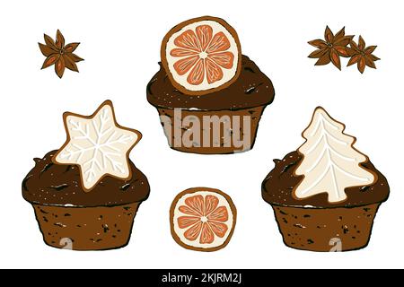 Ensemble de Noël de petits gâteaux et de biscuits au pain d'épice. Isolé sur fond blanc. Illustration peinte à la main. Banque D'Images
