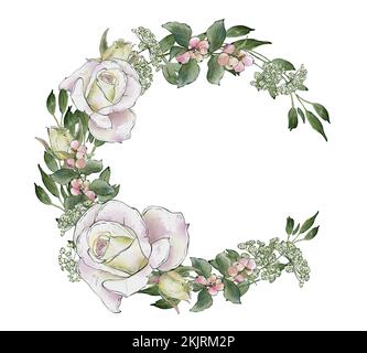 Élégante couronne fleurie de fleurs blanches et de verdure. Illustration aquarelle dessinée à la main pour le motif de mariage Banque D'Images