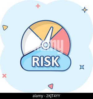 Icône de mesure de risque en style comique. Illustration vectorielle de l'indicateur de notation sur fond blanc isolé. L'indicateur de niveau de carburant a un effet sur les éclaboussures du conc. Commercial Illustration de Vecteur